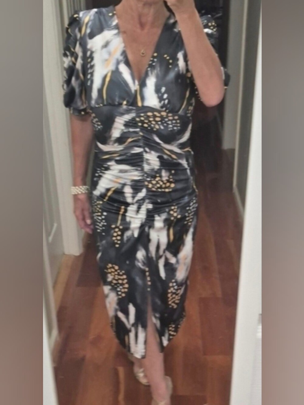 V-Neck Ruched Midi Dress in Black, White & Gold